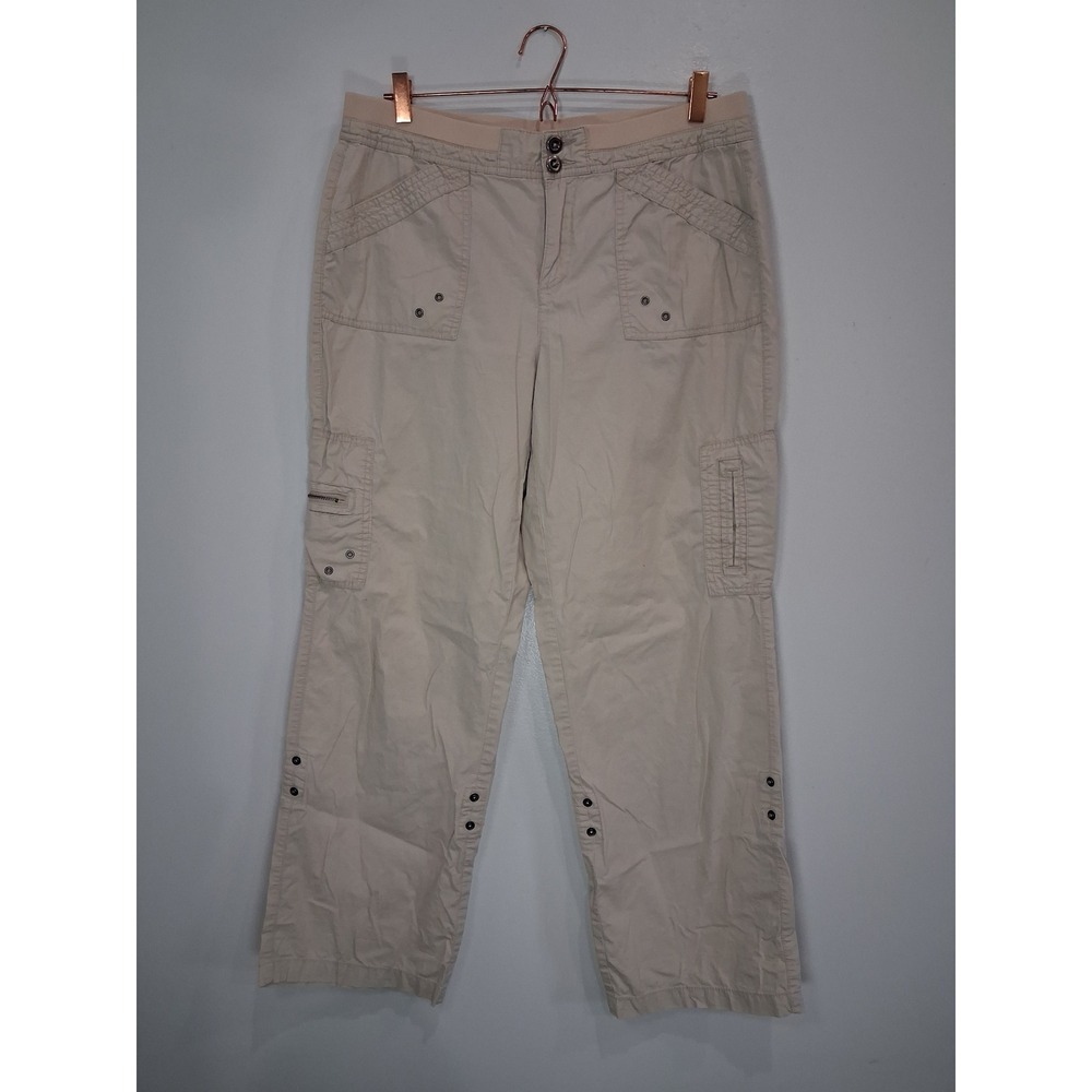 Khakis & Co Womens Beige Cargo Pants Straight Leg Elastic Waist Size 12 Utility